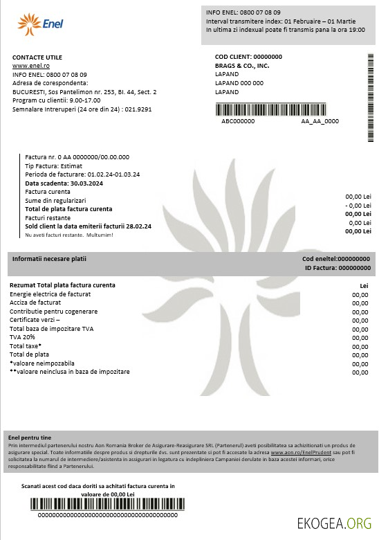Roumanie Enel preuve d'adresse d'électricité modèle de facture de services publics aux formats Word et PDF (2)